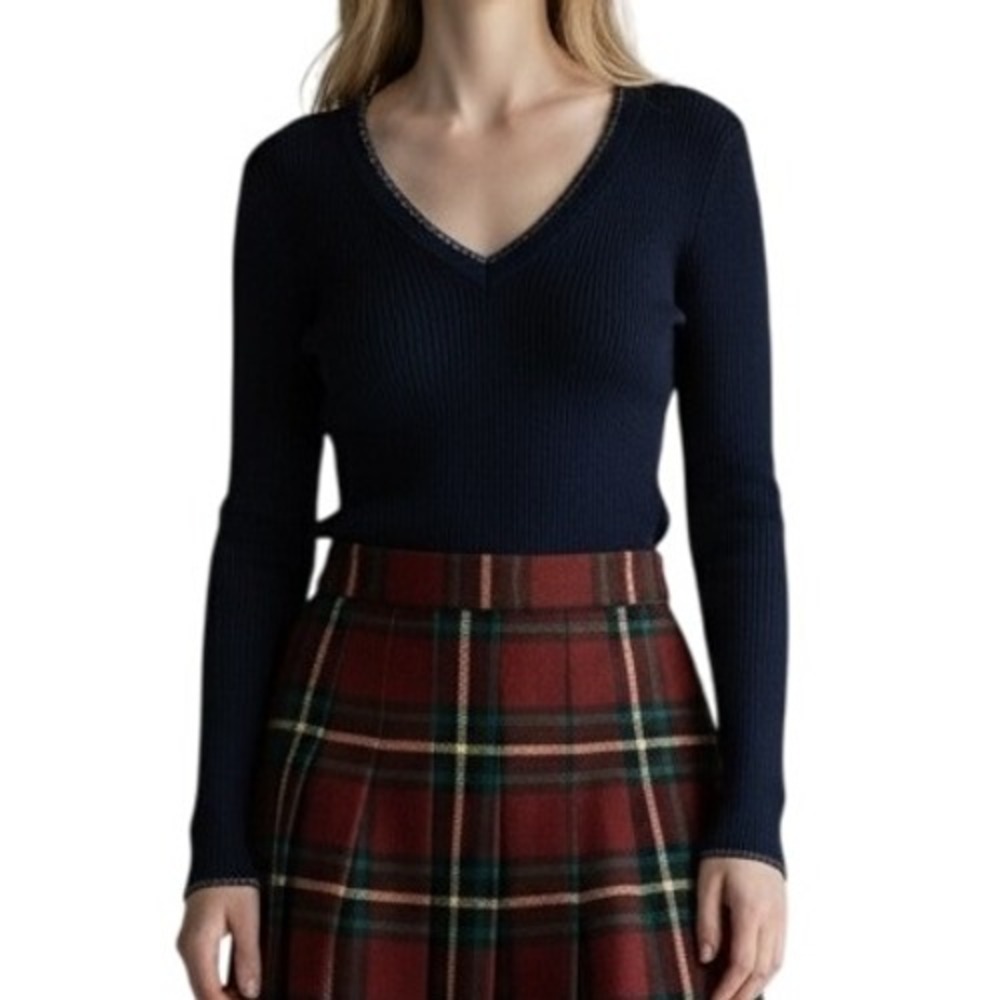 MOTH by Anthropologie Navy Ribbed V-Neck Sweater Top sz L metallic trim holiday